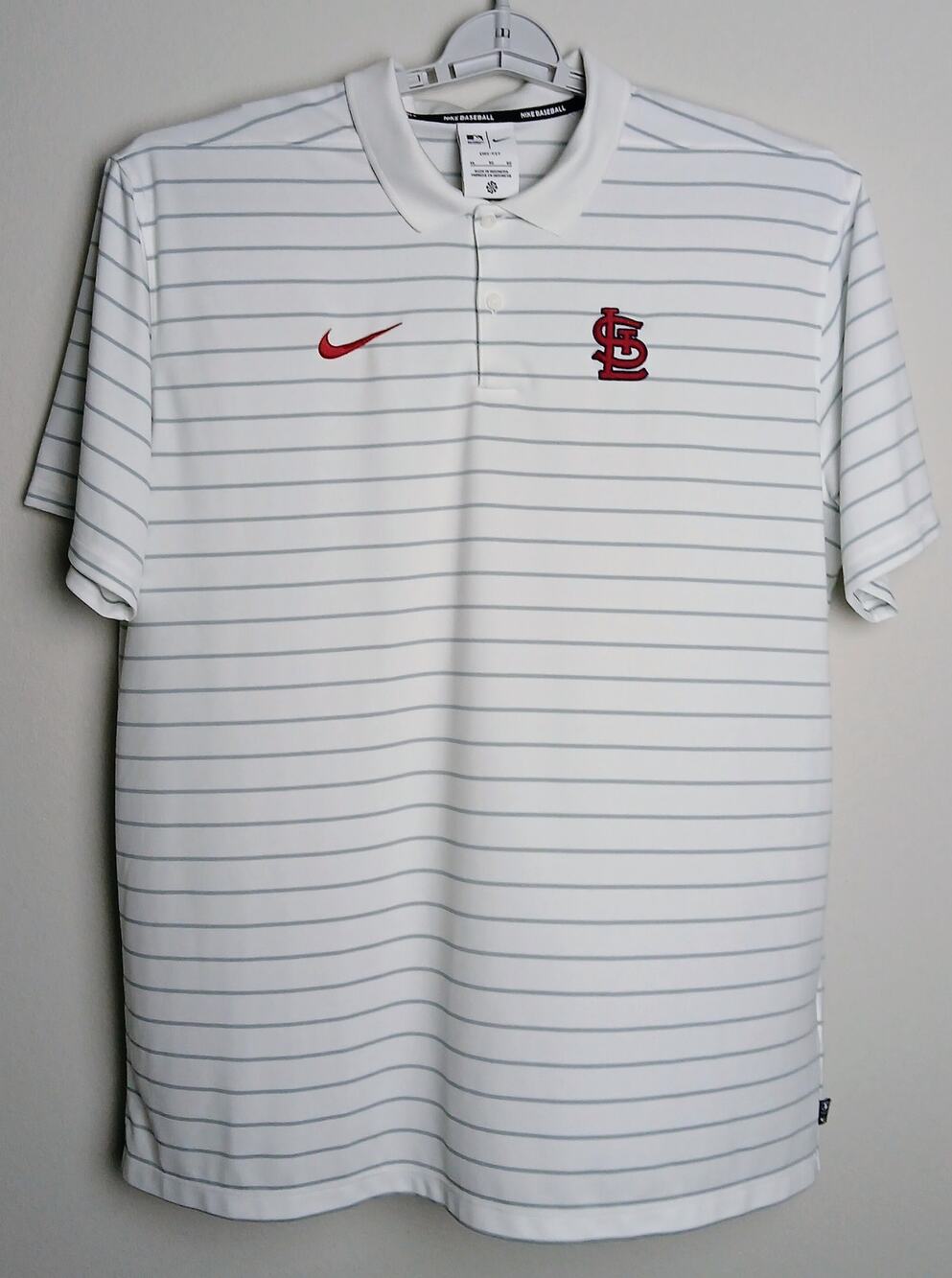 Nike Men's St Louis Cardinals Dri-FIT Polo White Striped MLB Baseball Shirt